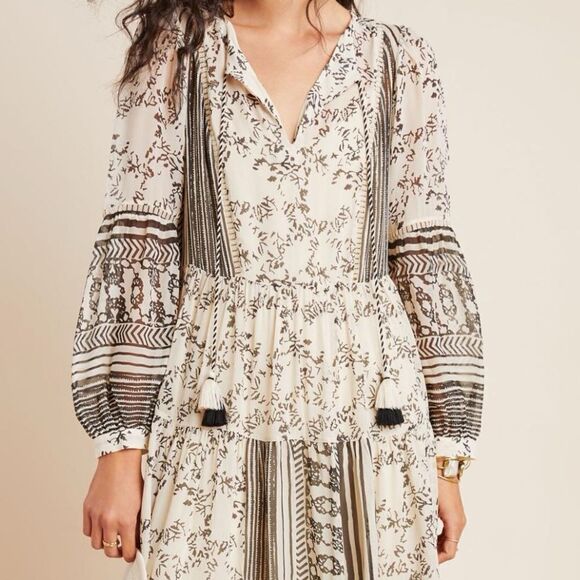 ANTHROPOLOGIE Women’s Talulah Tiered Midi Dress in the Size Small Neutral Motif - Picture 4 of 16